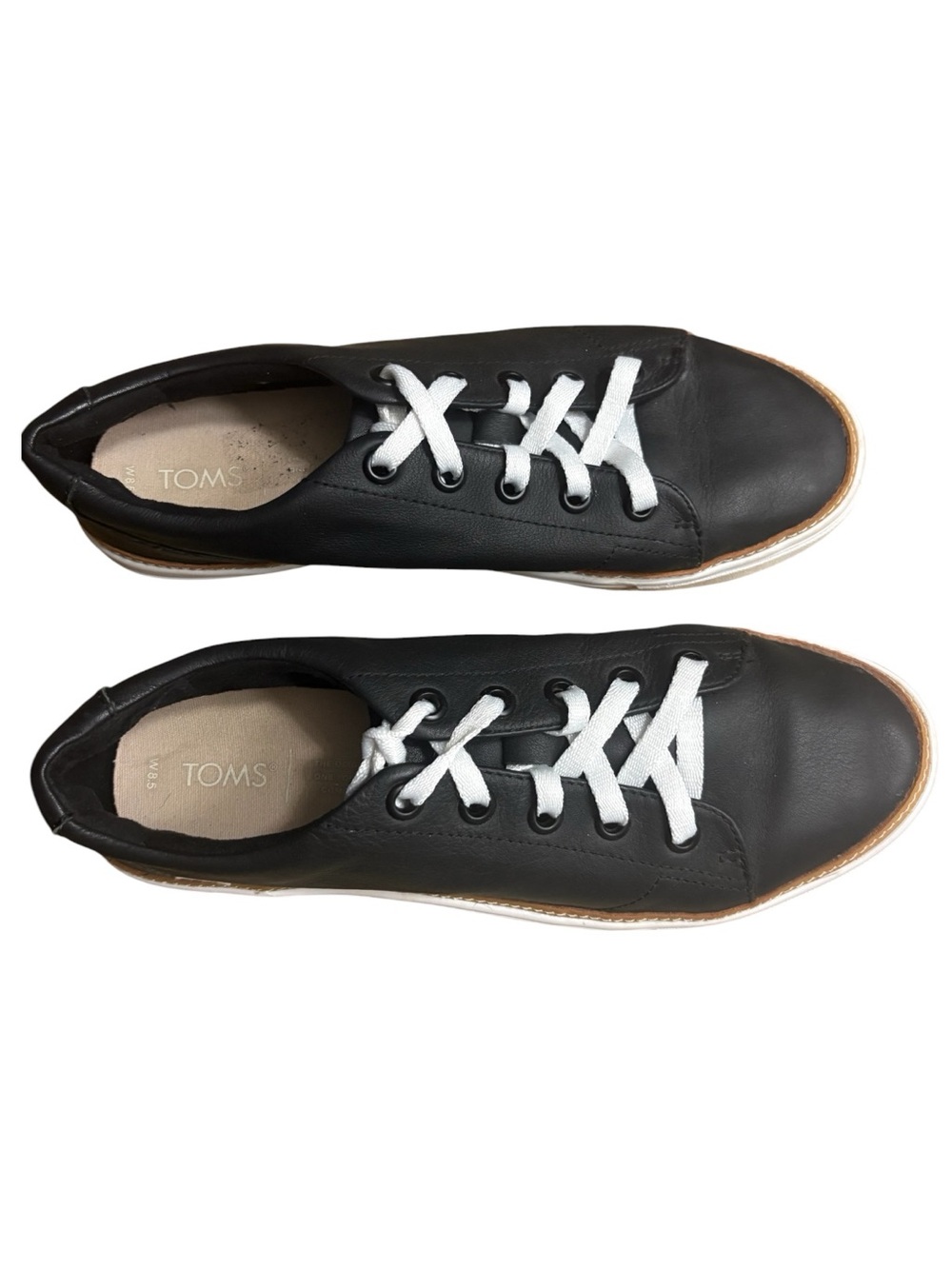 TOMS Alex Black Leather Sneakers with White Laces and White Sole Size 8.5 - Picture 3 of 10